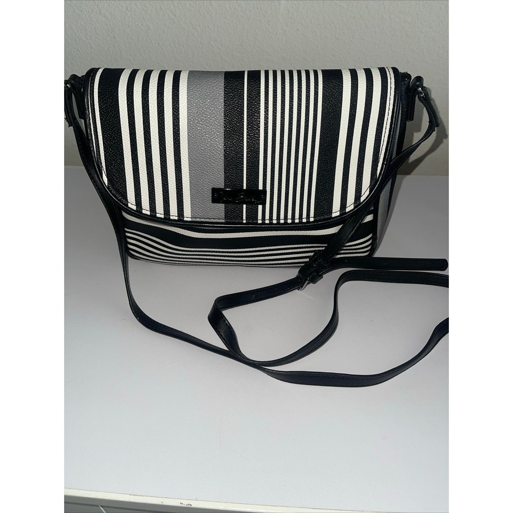 Vera Bradley Midnight Stripe Flap Crossbody Bag Black White Gray Faux Leather